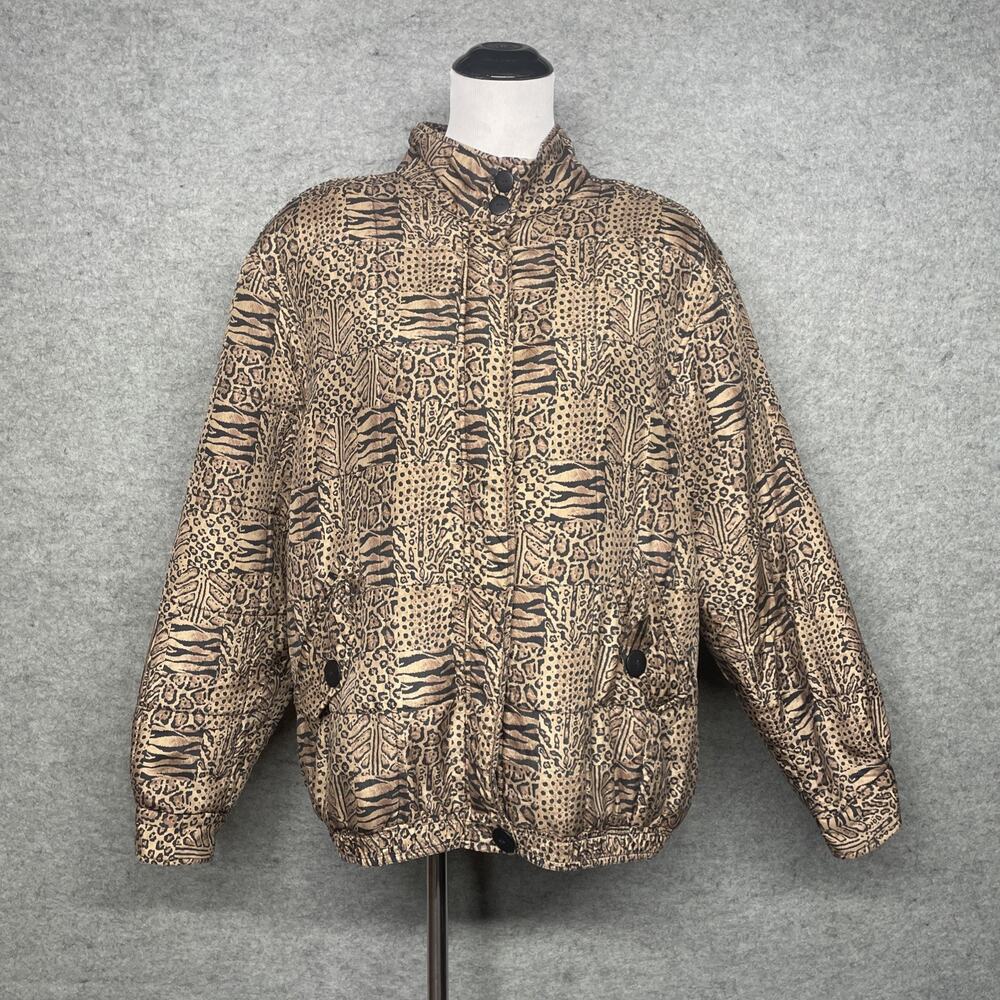 90s Anna and Frank Silk Animal Print Puffer Jacket Women’s Medium Zip Snap Coat
